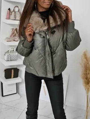 Short Puffer Jacket with Taupe Faux Fur Collar