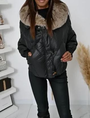 Short Puffer Jacket with Taupe Faux Fur Collar