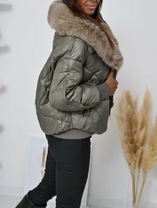 Short Puffer Jacket with Taupe Faux Fur Collar
