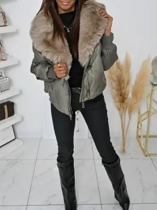 Short Puffer Jacket with Taupe Faux Fur Collar