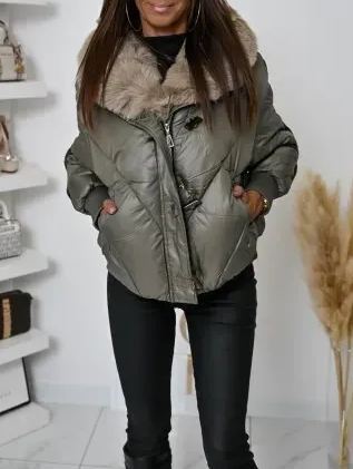 Short Puffer Jacket with Taupe Faux Fur Collar