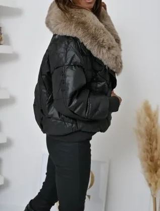 Short Puffer Jacket with Taupe Faux Fur Collar