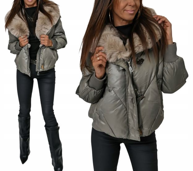 Short Puffer Jacket with Taupe Faux Fur Collar