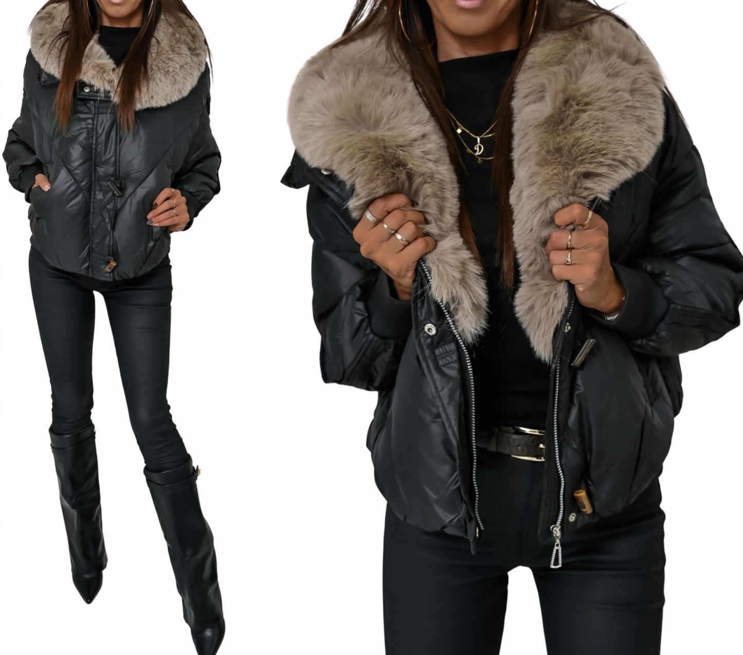 Short Puffer Jacket with Taupe Faux Fur Collar