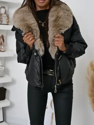 Short Puffer Jacket with Taupe Faux Fur Collar