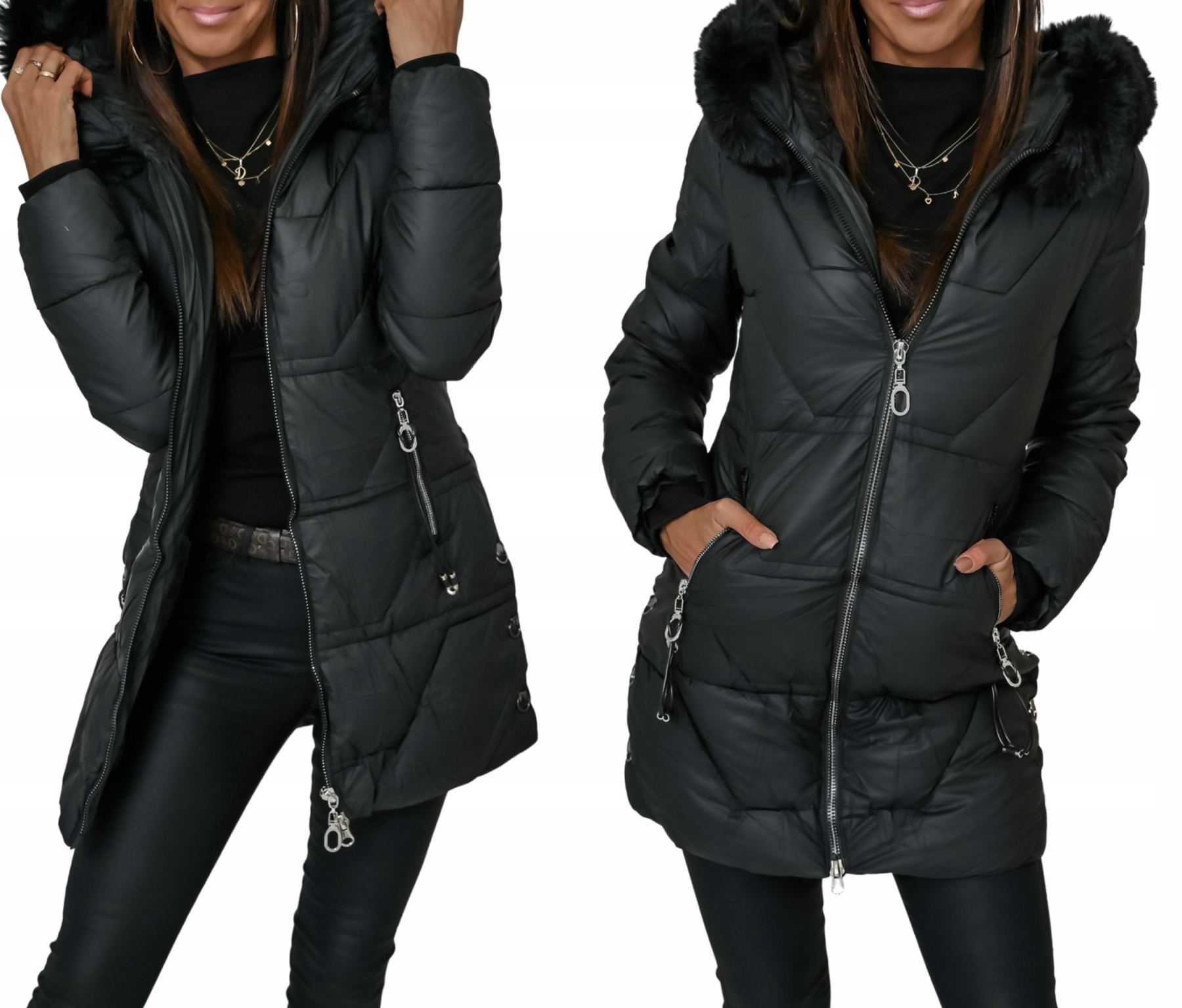 Long Puffer Jacket with Faux Fur Hood & Zipper Details
