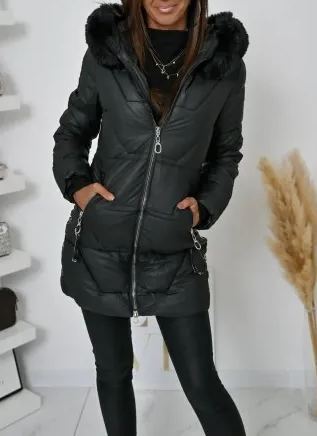 Long Puffer Jacket with Faux Fur Hood & Zipper Details