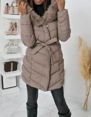 Taupe Long Puffer Coat with Faux Fur Hood & Belted Waist