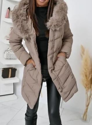 Taupe Long Puffer Coat with Faux Fur Hood & Belted Waist