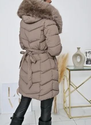Taupe Long Puffer Coat with Faux Fur Hood & Belted Waist