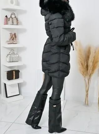 Taupe Long Puffer Coat with Faux Fur Hood & Belted Waist
