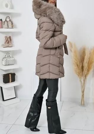 Taupe Long Puffer Coat with Faux Fur Hood & Belted Waist
