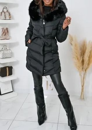 Taupe Long Puffer Coat with Faux Fur Hood & Belted Waist