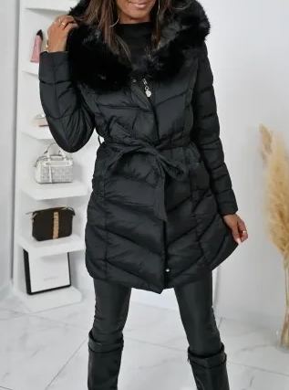 Taupe Long Puffer Coat with Faux Fur Hood & Belted Waist