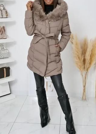 Taupe Long Puffer Coat with Faux Fur Hood & Belted Waist