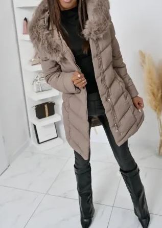 Taupe Long Puffer Coat with Faux Fur Hood & Belted Waist