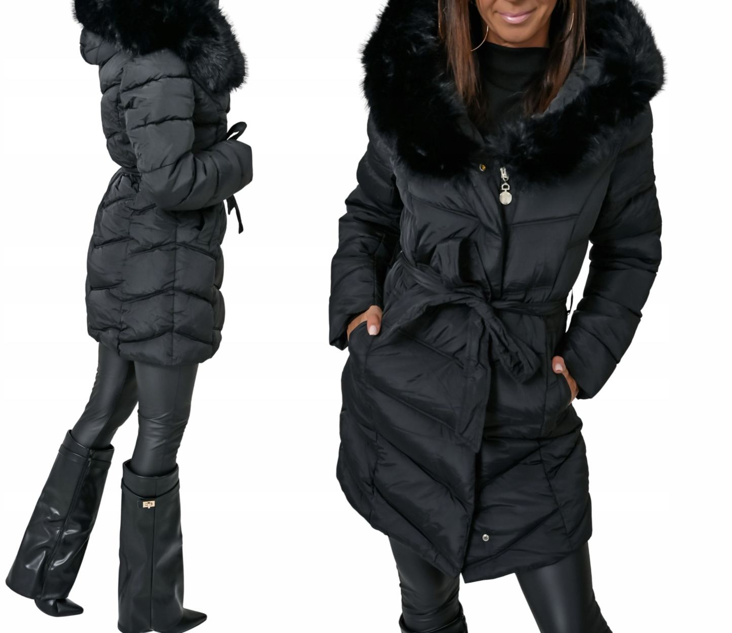 Taupe Long Puffer Coat with Faux Fur Hood & Belted Waist