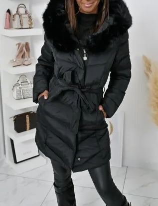 Taupe Long Puffer Coat with Faux Fur Hood & Belted Waist