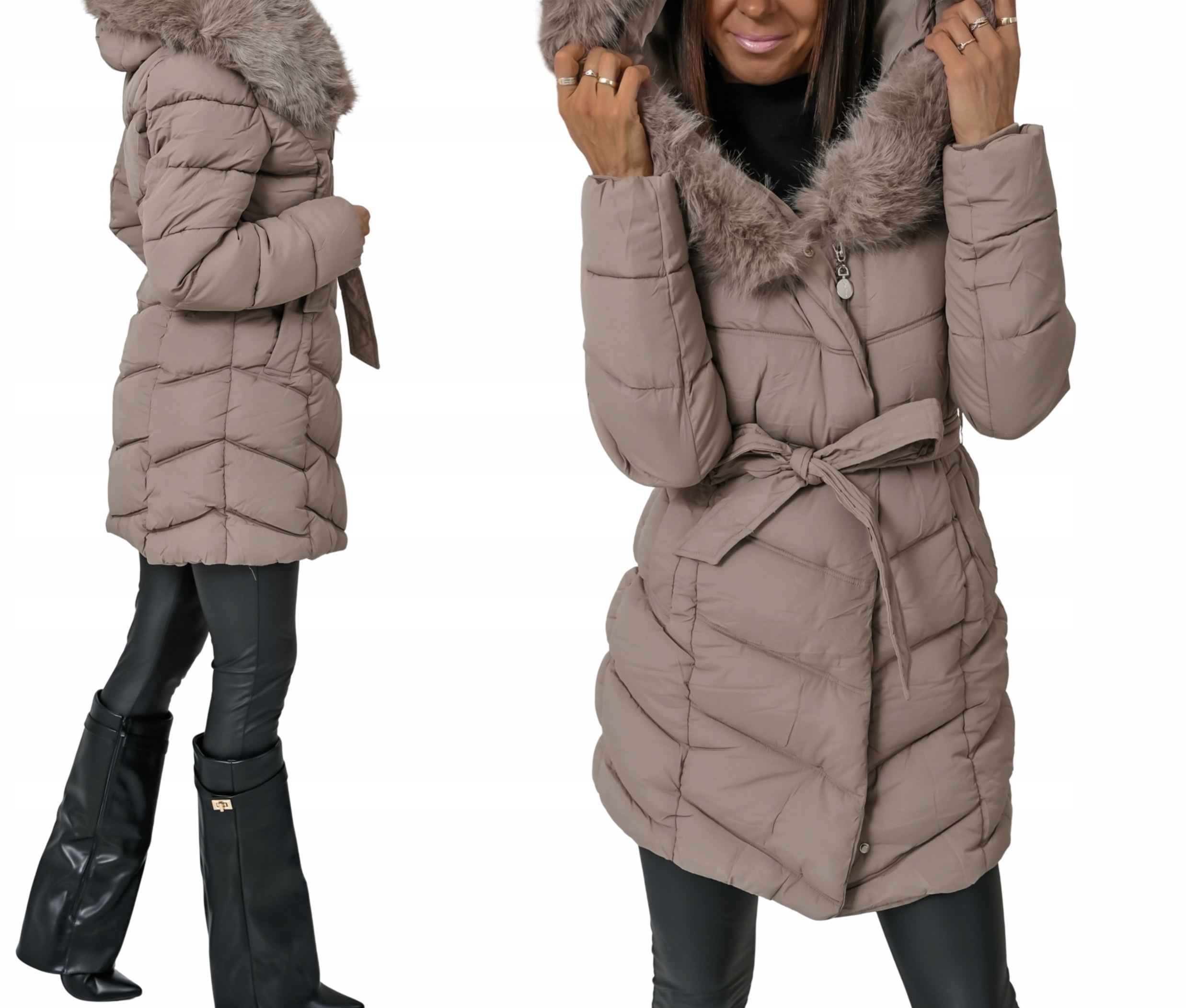 Taupe Long Puffer Coat with Faux Fur Hood & Belted Waist
