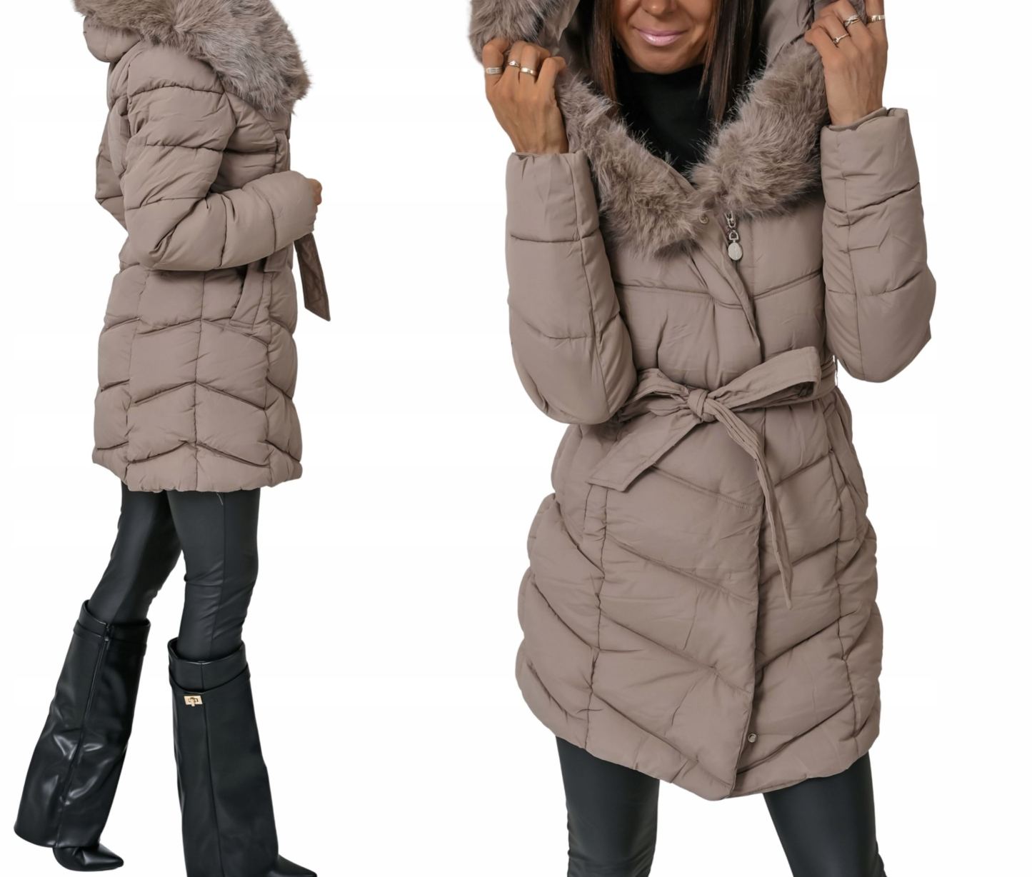 Taupe Long Puffer Coat with Faux Fur Hood & Belted Waist