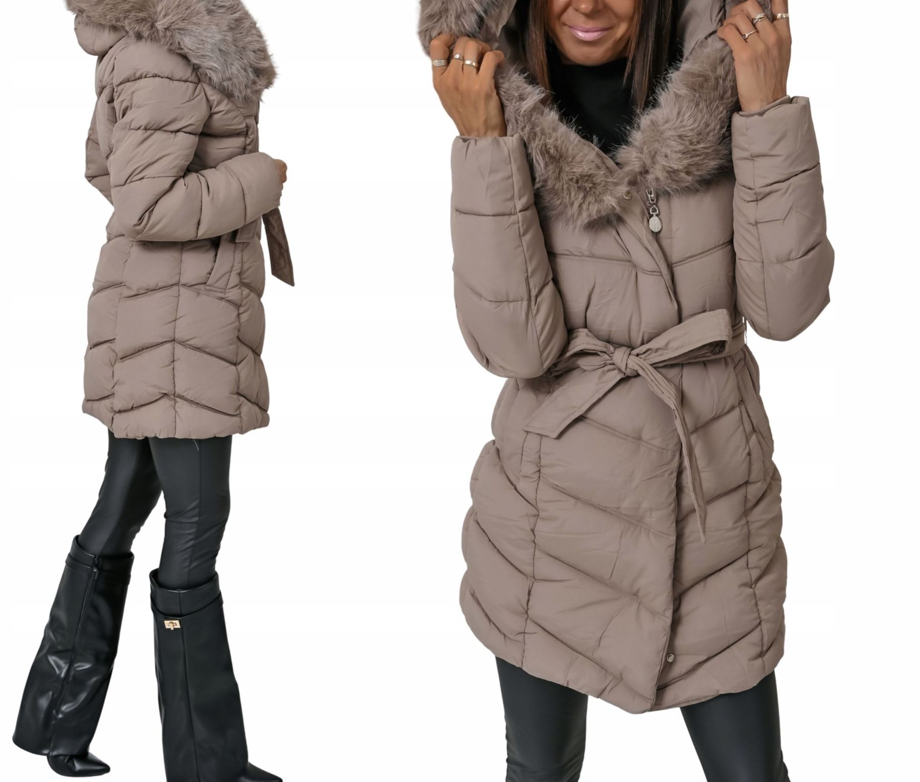 Taupe Long Puffer Coat with Faux Fur Hood & Belted Waist