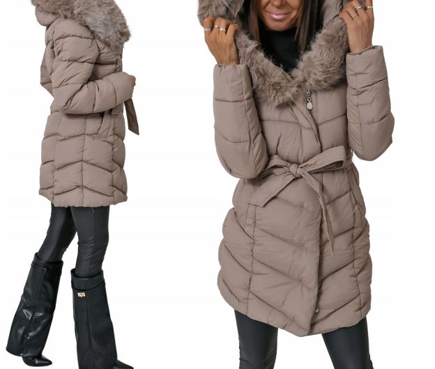Taupe Long Puffer Coat with Faux Fur Hood & Belted Waist