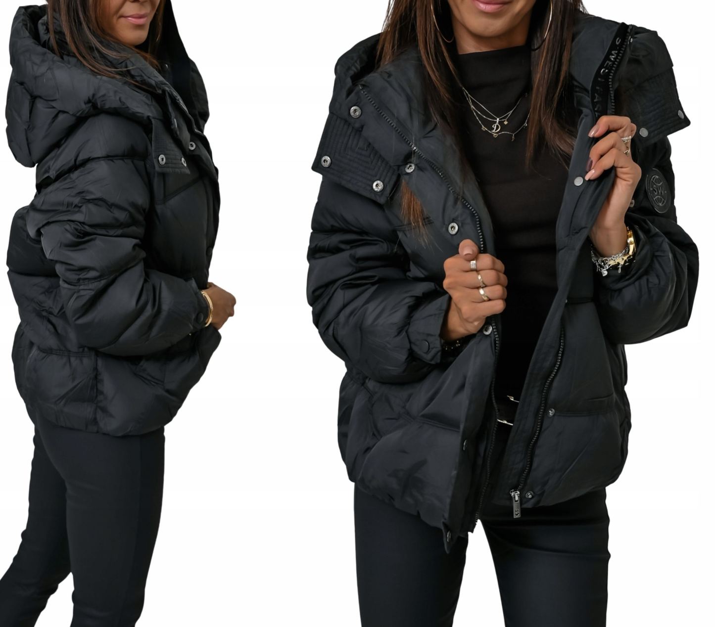 Short Puffer Jacket with Hood & Snap Details