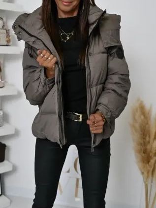 Short Puffer Jacket with Hood & Snap Details