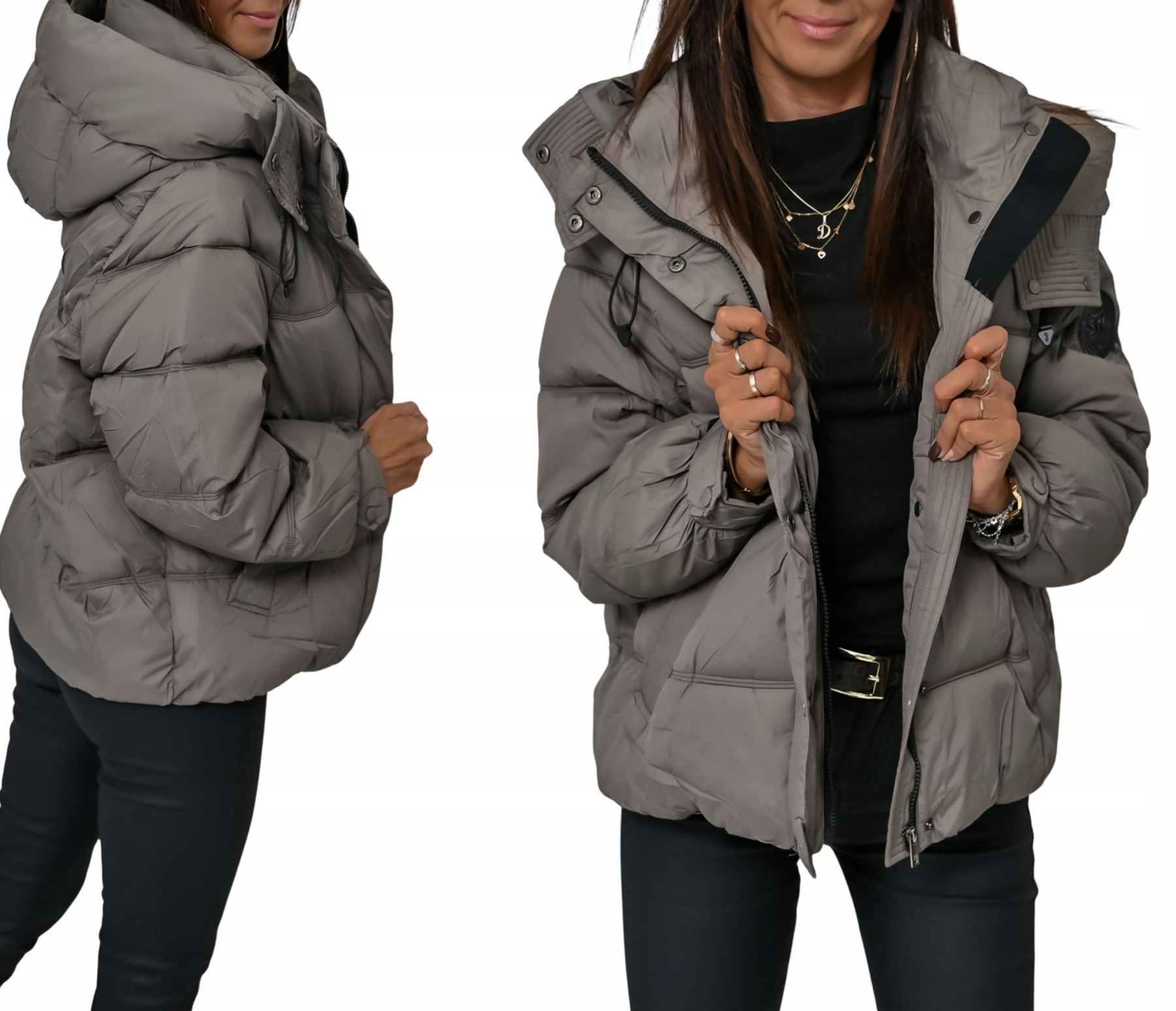 Short Puffer Jacket with Hood & Snap Details