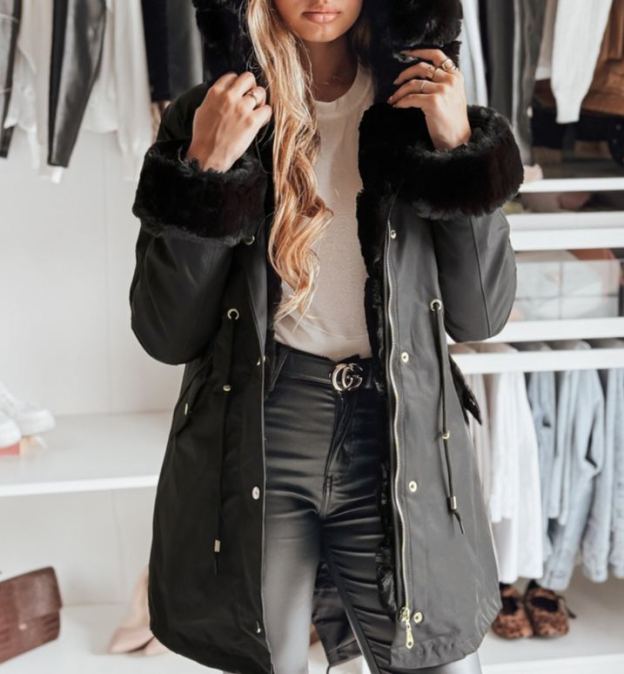 Black Parka with Faux Fur Hood & Cuff Details