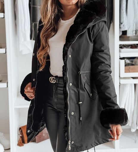 Black Parka with Faux Fur Hood & Cuff Details