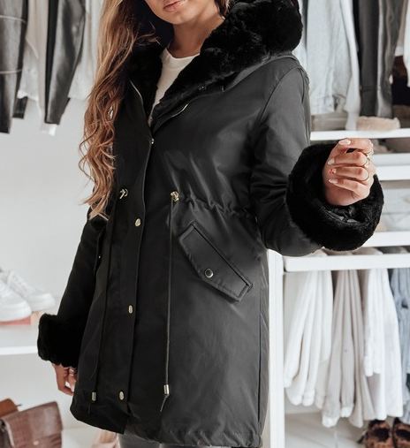 Black Parka with Faux Fur Hood & Cuff Details