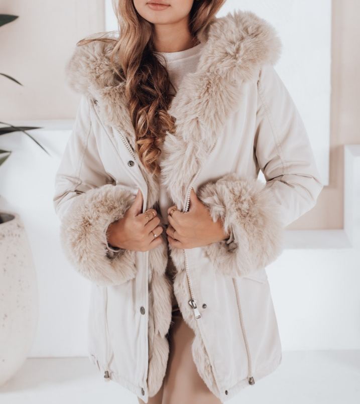 Cream Parka with Faux Fur Hood & Cuff Details