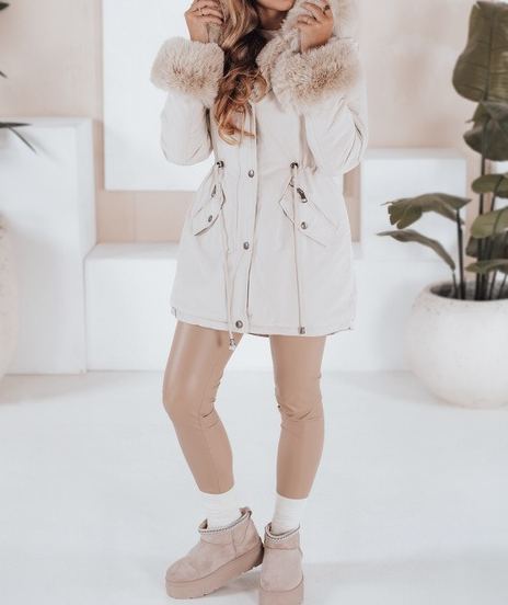Cream Parka with Faux Fur Hood & Cuff Details
