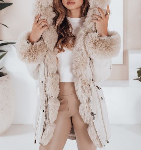 Cream Parka with Faux Fur Hood & Cuff Details