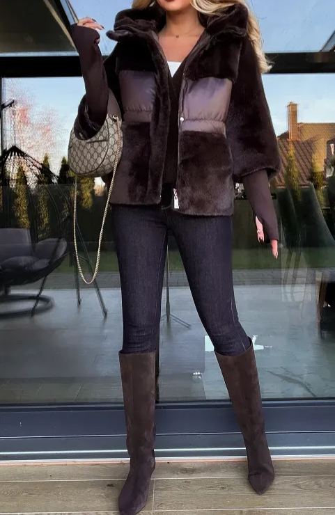 Chocolate Brown Mixed-Media Puffer Jacket with Faux Fur & Quilted Details