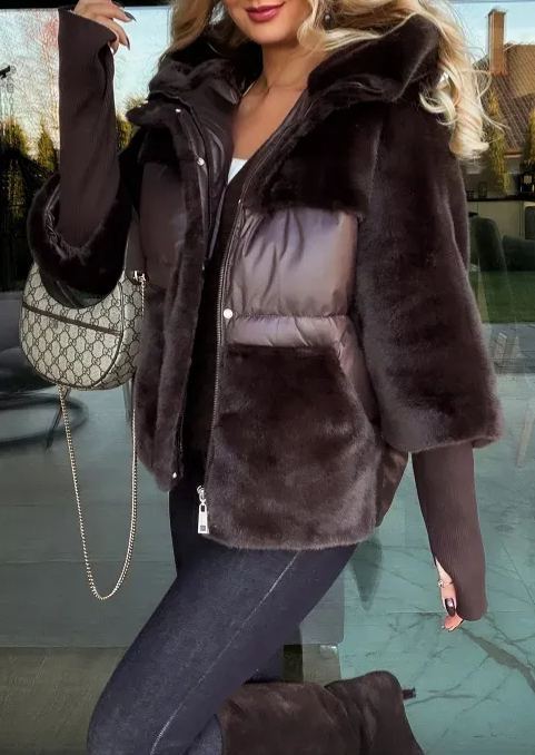 Chocolate Brown Mixed-Media Puffer Jacket with Faux Fur & Quilted Details
