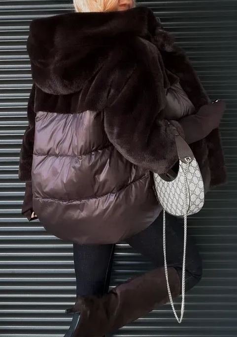 Chocolate Brown Mixed-Media Puffer Jacket with Faux Fur & Quilted Details