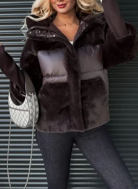 Chocolate Brown Mixed-Media Puffer Jacket with Faux Fur & Quilted Details