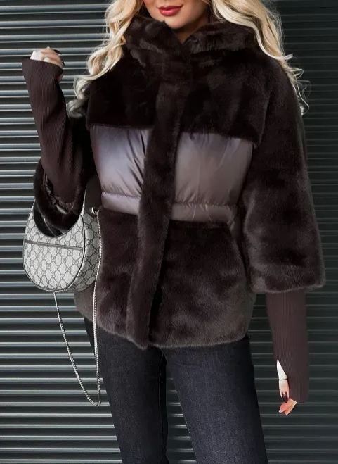 Chocolate Brown Mixed-Media Puffer Jacket with Faux Fur & Quilted Details