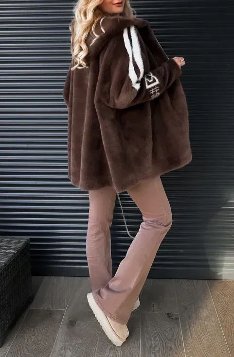 Chocolate Brown Faux Fur Jacket with White Accent Details