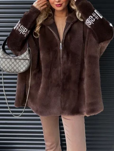 Chocolate Brown Faux Fur Jacket with White Accent Details