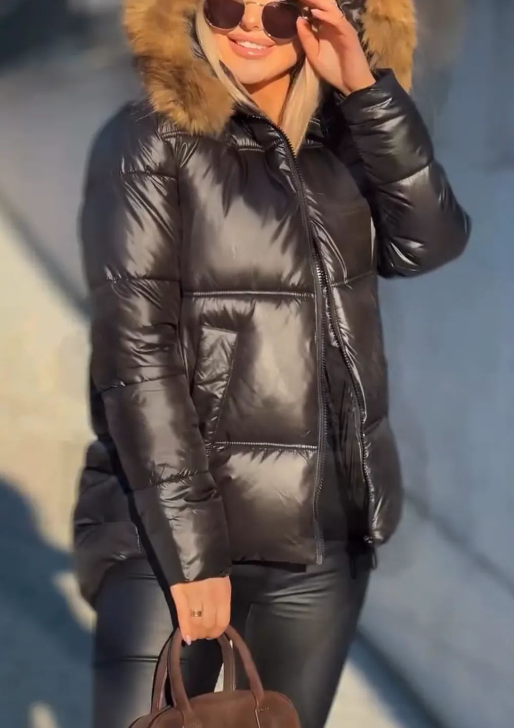 Taupe Short Puffer Jacket with Faux Fur Hood