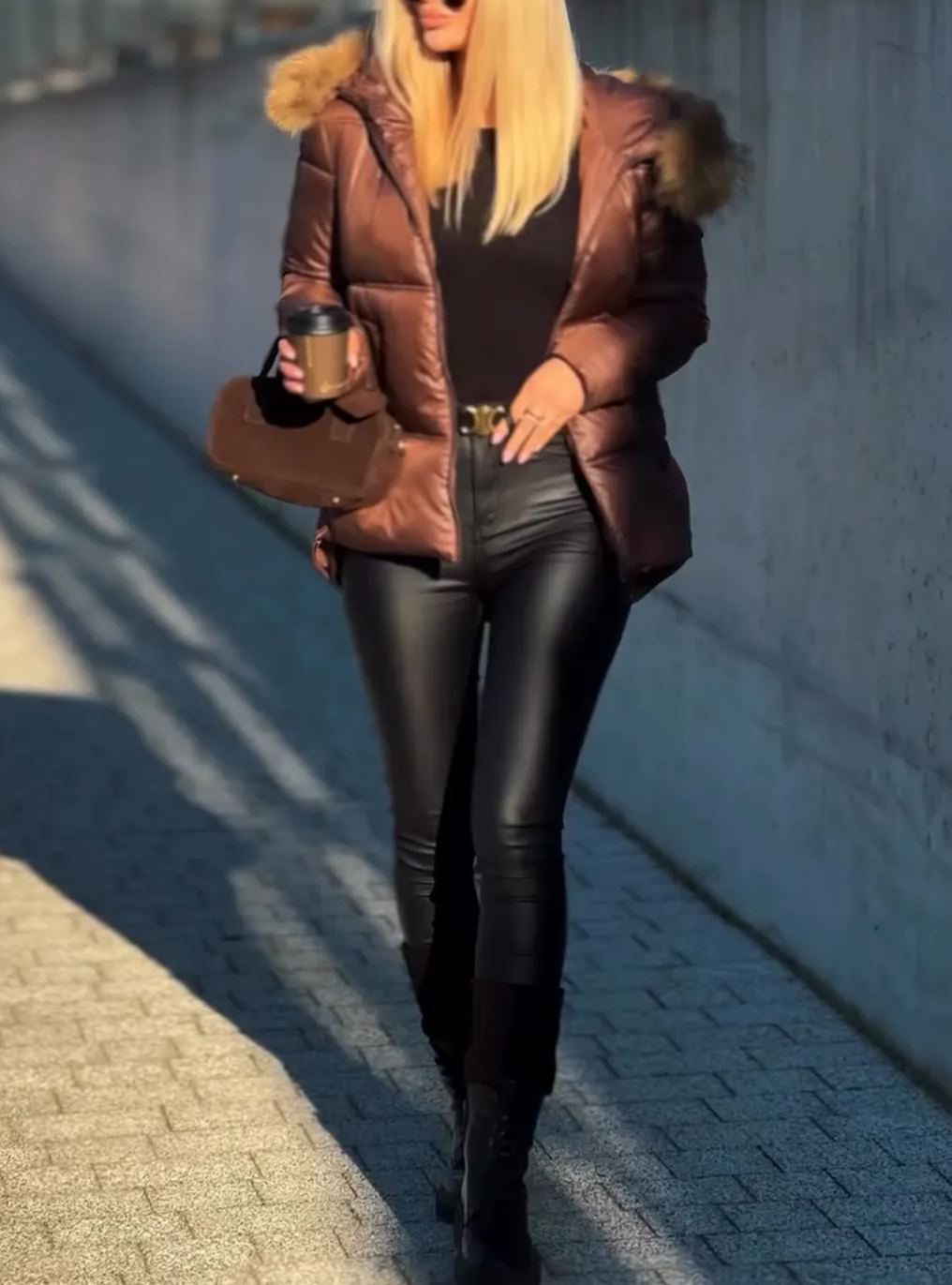 Taupe Short Puffer Jacket with Faux Fur Hood