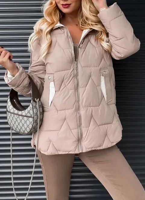 Quilted Puffer Jacket with Contrast Pocket & Hood Details