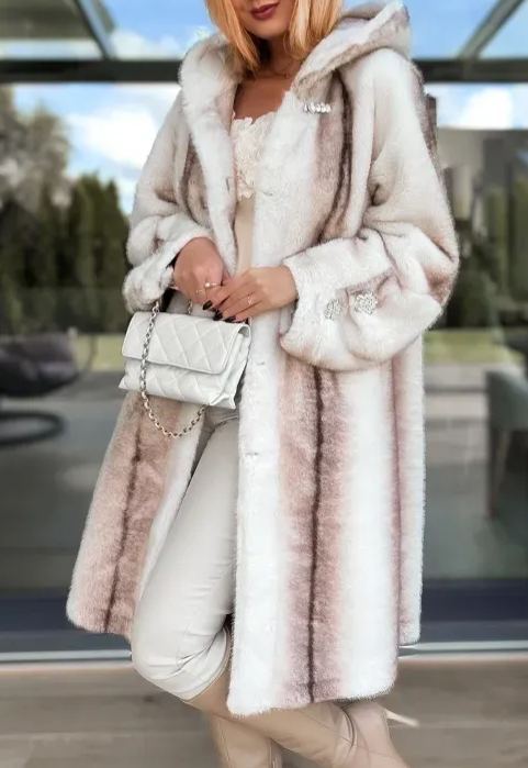 Ombre Faux Fur Long Coat with Hood & Embellished Details