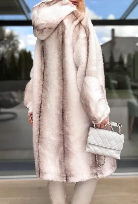 Ombre Faux Fur Long Coat with Hood & Embellished Details
