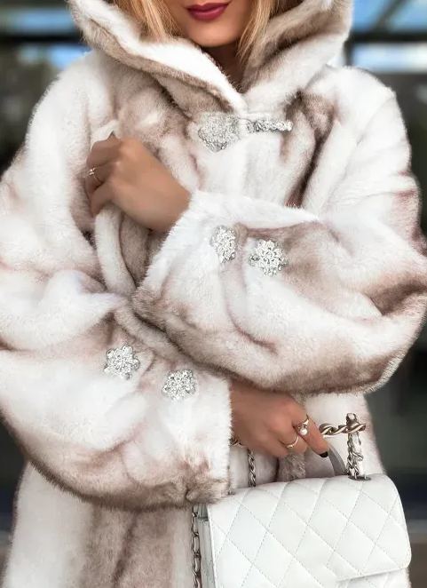 Ombre Faux Fur Long Coat with Hood & Embellished Details