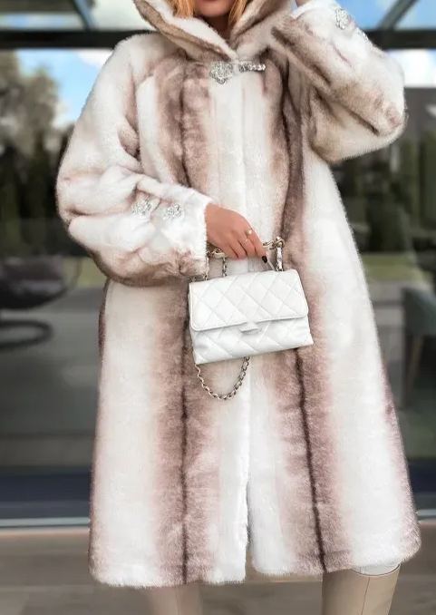 Ombre Faux Fur Long Coat with Hood & Embellished Details
