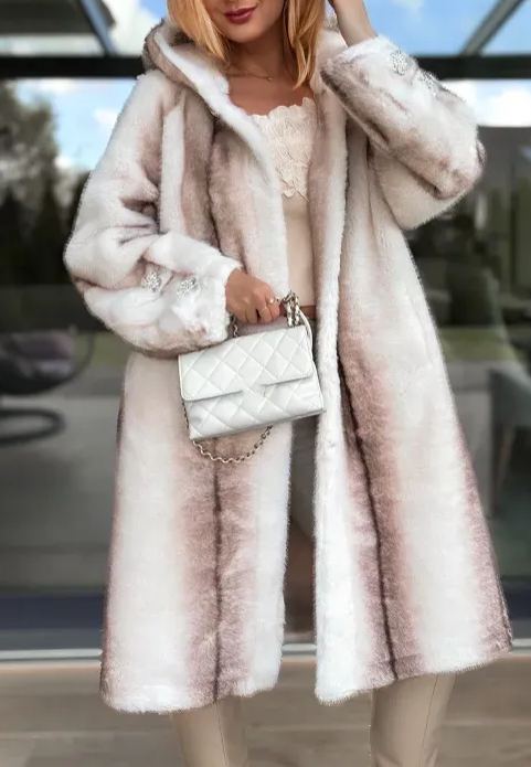 Ombre Faux Fur Long Coat with Hood & Embellished Details
